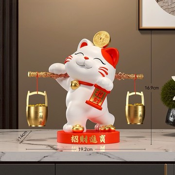 🐎新年快樂🔜 快速出貨【招財貓的家】7寸扁擔挑金木材招財貓 生日禮物 開業禮物 開運 招財 喬遷禮物 交換禮物