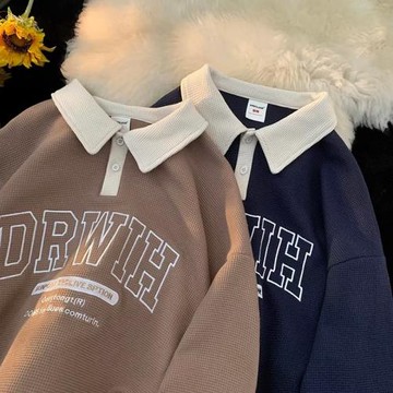 情侶cityboy衛衣男翻領秋冬學院風美式復古華夫格polo衫長袖潮牌