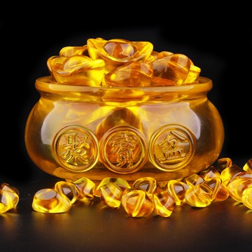 歐圣英黃水晶聚寶盆黃色琉璃金元寶家居裝飾辦公室招財進寶喬遷禮