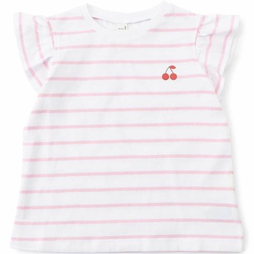 日本 apres les cours - 清爽印花荷葉短袖上衣-櫻桃條紋-粉紅x白