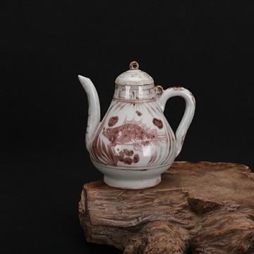 元代釉里紅釉魚藻紋梨形執壺酒壺出土古玩瓷器收藏擺件舊貨老物件