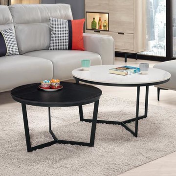 Boden-蘇西工業風岩板圓型茶几組合(2.7尺白色大圓茶几+2.2尺黑色小圓茶几)