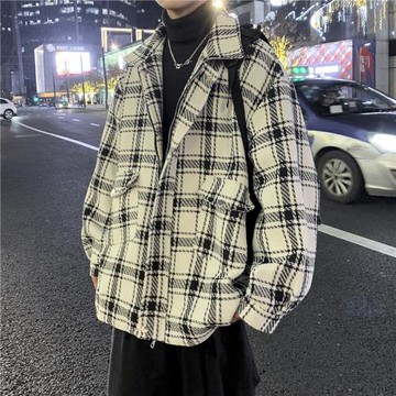 2024秋冬季拼接格子外套男潮流寬松休閑翻領夾克韓版百搭長袖襯衫