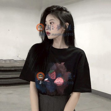 2022新款短袖T恤夏季復古扎染 草莓印花小個子大碼寬松上衣【淘夢屋】