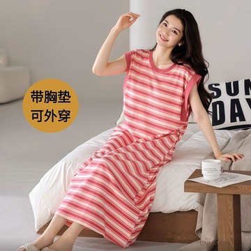 臺灣出貨 帶胸墊睡裙 女生睡裙 涼感睡裙 胸墊一體新款睡裙女夏季帶胸墊爆款條紋無袖背心長裙甜美家居服夏天可外穿