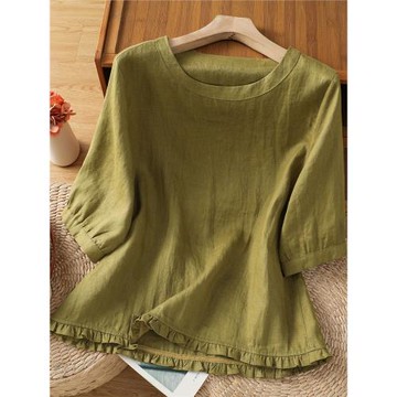 森系棉麻下擺花邊拼接T恤女短袖2025夏寬松百搭亞麻純色圓領上衣