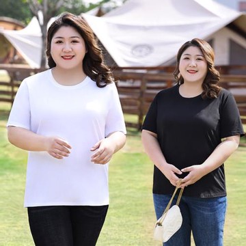 純色大碼T恤女夏季中年媽媽裝加肥加大休閑百搭純棉圓領上衣200斤