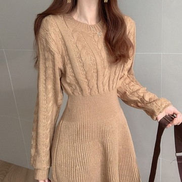 [巴黎精品] 洋裝針織連身裙-長袖百搭洋氣麻花女裙子4色w1ae2