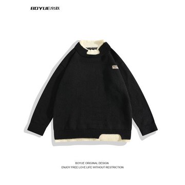 BOYUE帛躍假兩件拼色長袖毛衣美式潮流時尚冬季保暖打底針織衫男