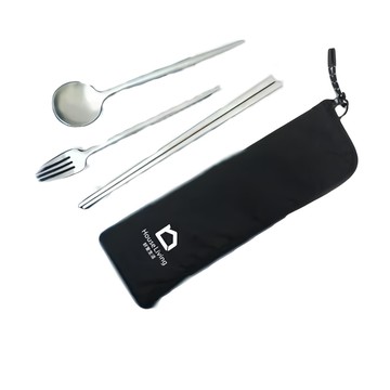 House Living 好室生活 高級304不鏽鋼餐具組 防鏽防霉耐高溫  湯匙+ 叉子 + 筷子 + 收納袋  黑色  1組
