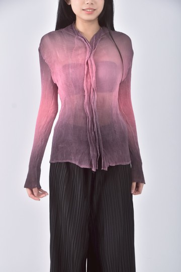 (S) 透紗粉色長袖上衣