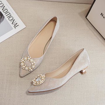 珍珠法式細跟單鞋女2024年新款晚晚鞋中跟低跟尖頭大碼女鞋41-43