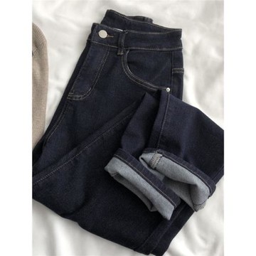 收尾秒殺！經典推薦復古深藍明線高腰彈力牛仔褲顯瘦百搭哈倫女褲