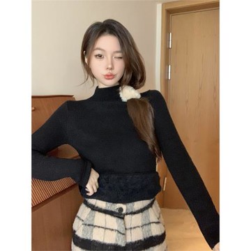 kumikumi復古簡約風半高領針織衫女冬季百搭加絨保暖修身打底上衣