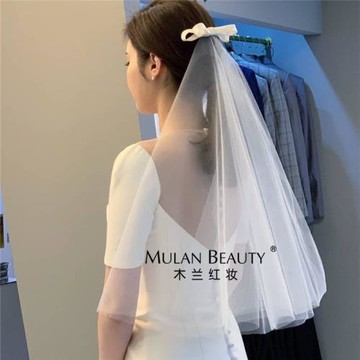 韓式新款新娘婚紗頭紗短款緞布蝴蝶結超仙網紅拍照森系頭紗度假