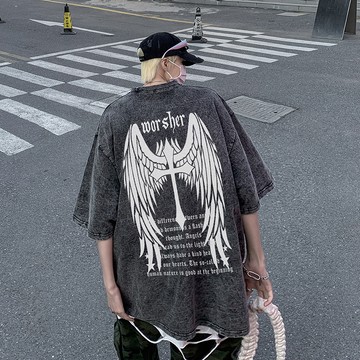 現貨！當天出 美版短t 厚磅水洗做舊 歐美oversize短袖 潮流T恤天使之翼印花t恤黑色美式高街水洗短袖純棉寬鬆痞帥