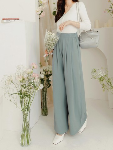 不易皺素色高腰落地大寬褲