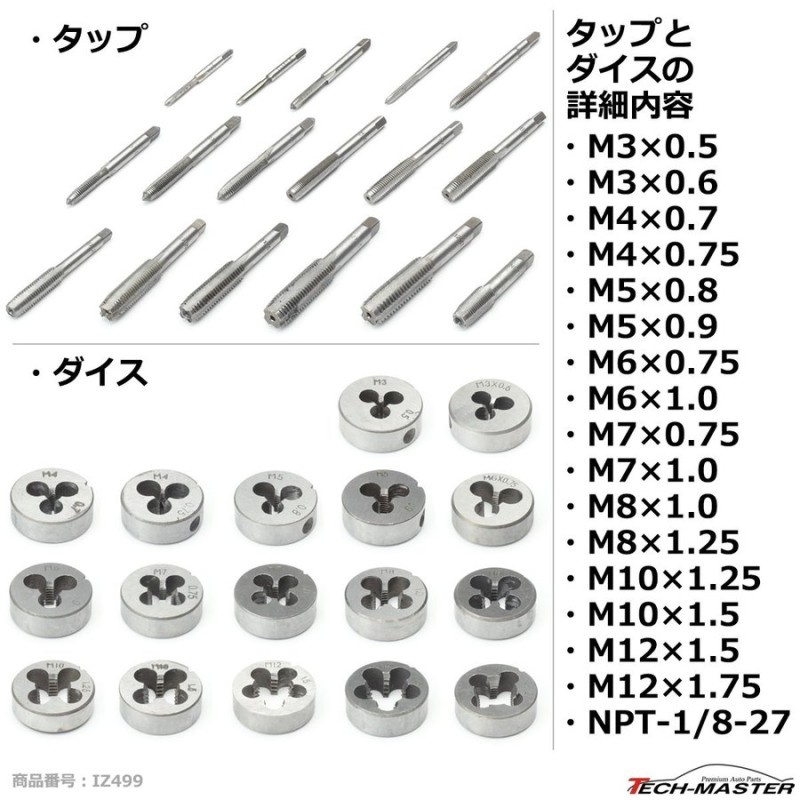 タップダイス セット 潰れたネジ穴 ネジ山の修復に M3 M4 M5 M6 M7 M8