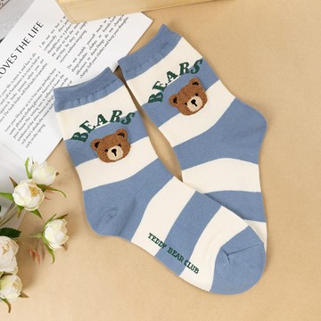 韓國熊熊玩偶中筒襪-米藍條紋毛毛熊