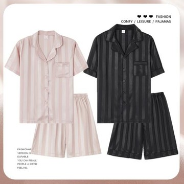 芝桃鳥情侶條紋睡衣夏季冰絲短袖短褲女款家居服黑色男士絲綢套裝