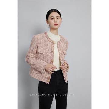 【福利價】皮粉色粗呢外套女2024新款圓領小香風粗呢毛邊外套