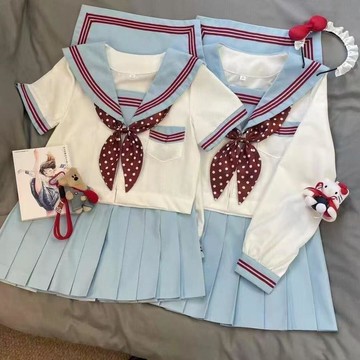 【台灣出貨】HK 原創正版 中間服 JK制服 女 日系 可愛 學院風 基礎款 水色 水手服 短袖 套裝 制服 水手服 短