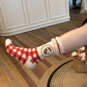 🐑限時特惠🐑日系可愛卡通格子泡泡花邊hellokitty中筒襪少女甜美學院風春秋