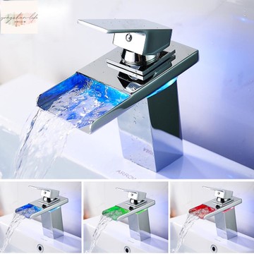 浴室面盆led水龍頭 瀑布冷熱水單孔四方形水槽出水口洗臉盆