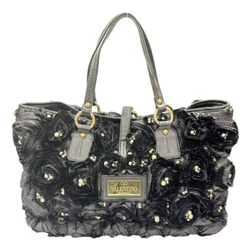 【二手名牌BRAND OFF】VALENTINO 范倫鐵諾 黑色 布料 玫瑰花 手提包