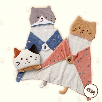 可穿式斗篷兒童小被子舒適卡通日式貓咪印花抱枕帶帽披風午睡蓋毯1入