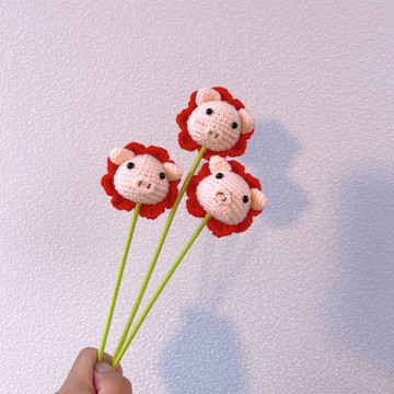手作鉤織小豬開花可愛豬頭花莖插牌