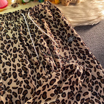 加厚豹紋運動褲女春秋韓版加絨束腳休閑哈倫褲寬松顯瘦百搭直筒褲