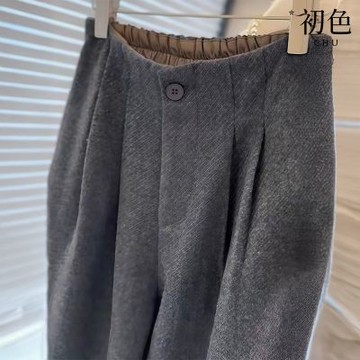 初色 通勤風顯瘦壓褶純色鬆緊腰高腰毛呢西裝褲闊腿褲休閒褲寬褲長褲-灰色-17739(M-XL可選)