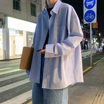 ins港風條紋襯衫男長袖寬松痞帥襯衣秋冬季韓版潮流百搭休閑外套