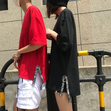 FINDSENSE MD 日系 潮 街頭 男女 情侶裝 寬鬆 五分袖 下擺字母織帶 開叉 短袖T恤 特色短T