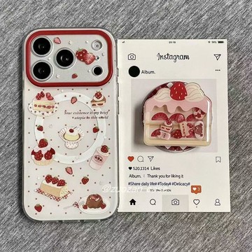 ✨限時下殺✨草莓慕斯蛋糕搖搖樂磁吸支架蘋果17手機殼15pro/13iPhone16新款14