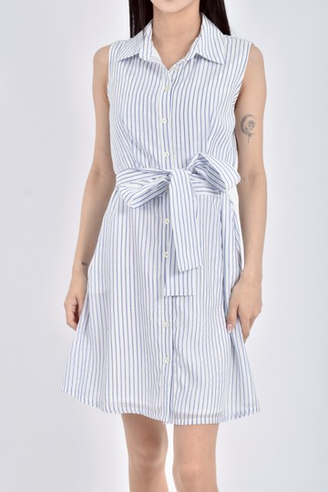 (S) u re質感翻領豎紋白色綁帶洋裝