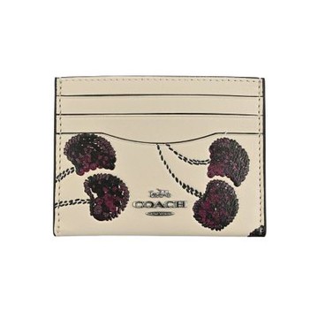 COACH仿刺繡櫻桃皮雕亮粉燙印白堊色素面皮革雙面名片/票卡夾