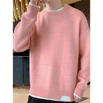 一體絨假兩件毛衣男士外套秋冬季加絨加厚圓領打底衫線衣針織衫男