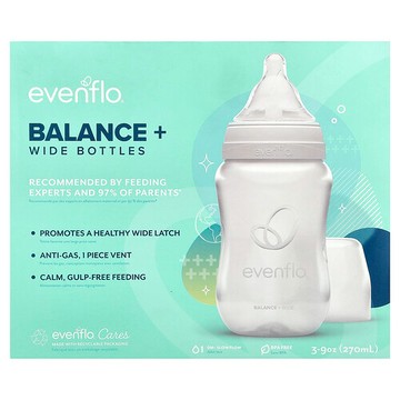 Evenflo Feeding, 平衡奶瓶，寬嘴，0 個月以上，慢流量，3 個，每個 9 盎司（270 毫升）