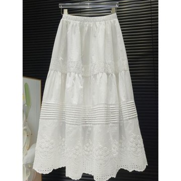 法式復古全棉白色蕾絲刺繡半身裙女2024春松緊高腰中長款a字傘裙