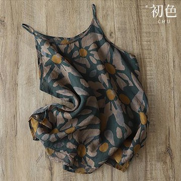 初色 復古印花無袖圓領短款背心上衣女上衣-花色-14822(M-2XL可選)