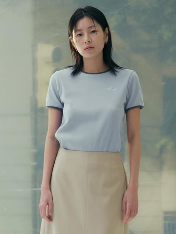 Color Block Ribbed Cotton Half-Sleeve T-Shirt [Sky Blue] (KE5240M01Q)