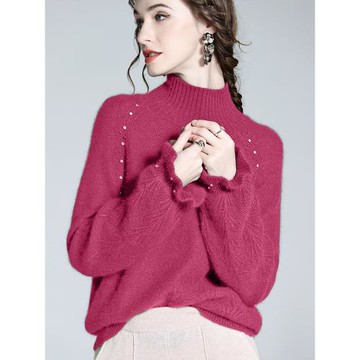 羊絨毛衣女秋冬2024新款法式慵懶針織上衣高級感釘珠半高領羊毛衫