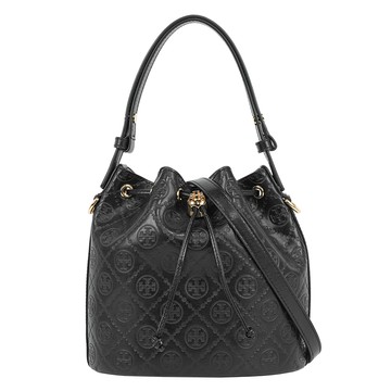 TORY BURCH T Monogram 皮革壓紋水桶包(黑色) 158529 001