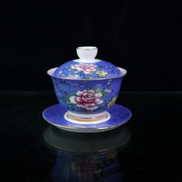 古玩 景德鎮粉彩花卉三才蓋碗 茶杯功夫茶具蓋碗 泡茶碗裝飾擺件