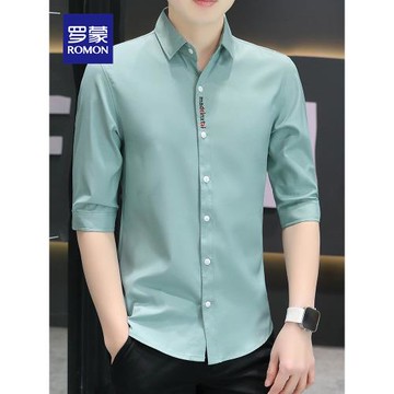 羅蒙男士短袖襯衫夏季薄款潮流寬松冰絲休閑工裝純色七分襯衣外套
