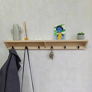 帶有 6 個掛鉤的壁架 – 採用再生白楊木手工製作 – 66 厘米 / 77 厘米