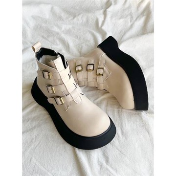 【大頭叔】增高厚底馬丁靴女冬季加絨圓頭英倫日系皮帶扣小短靴女