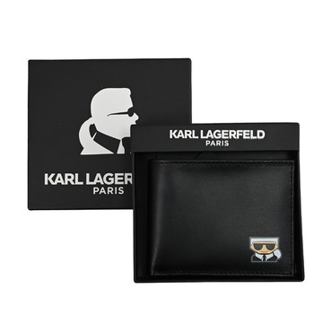 KARL LAGERFELD 卡爾 老佛爺燙印圖樣對開短夾禮盒組.黑